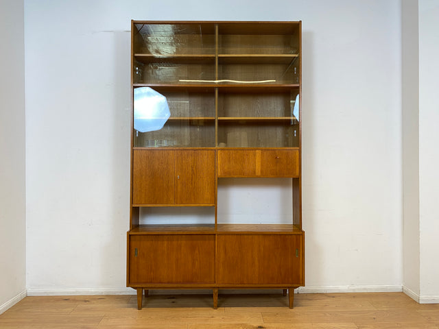WMK I Hochwertiger großer Mid-Century Bücherschrank I Vollholz in Eiche I mit Vitrine und Schiebetüren I Highboard Büchervitrine Regalwand Eckregal Eckschrank Regal Wohnwand Vintage 50er 60er