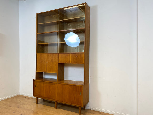 WMK I Hochwertiger großer Mid-Century Bücherschrank I Vollholz in Eiche I mit Vitrine und Schiebetüren I Highboard Büchervitrine Regalwand Eckregal Eckschrank Regal Wohnwand Vintage 50er 60er