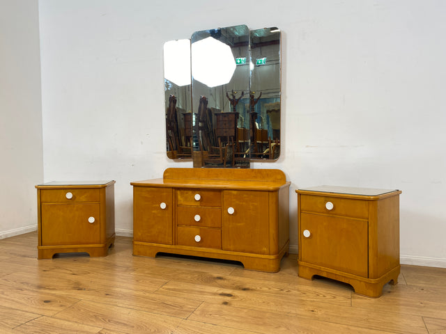 Freundliche und gut erhaltene helle Mid-Century Spiegelkommode I Vollholz furniert I Frisierkommode Schminktisch Kommode Wäschekommode Sideboard Spiegel 60er Vintage I