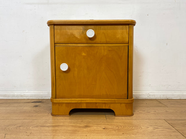 Freundlicher heller Mid-Century Nachttisch mit Schublade und Glasauflage I Vollholz furniert I Nachtkommode Nachtschrank Nachtschränkchen Kommode 60er Vintage I