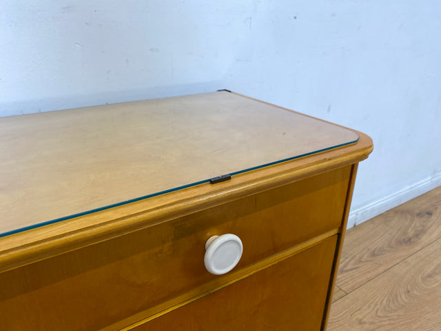 Freundlicher heller Mid-Century Nachttisch mit Schublade und Glasauflage I Vollholz furniert I Nachtkommode Nachtschrank Nachtschränkchen Kommode 60er Vintage I