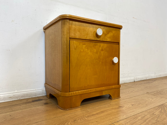 Freundlicher heller Mid-Century Nachttisch mit Schublade und Glasauflage I Vollholz furniert I Nachtkommode Nachtschrank Nachtschränkchen Kommode 60er Vintage I