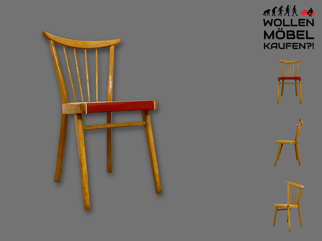 Formschöner und stabiler heller Mid-Century Sprossenstuhl aus Buchenholz mit rotem Kunstleder Sitz I Stuhl Holzstuhl Esszimmerstuhl Küchenstuhl 50er 60er Vintage I