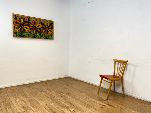 Formschöner und stabiler heller Mid-Century Sprossenstuhl aus Buchenholz mit rotem Kunstleder Sitz I Stuhl Holzstuhl Esszimmerstuhl Küchenstuhl 50er 60er Vintage I