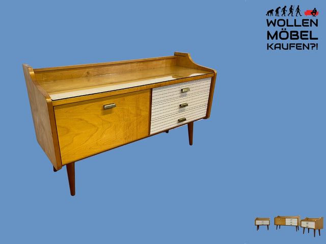 WMK I Stilvolles helles Mid-Century Lowboard mit Schubladen, Glasablage und Messinggriffen I