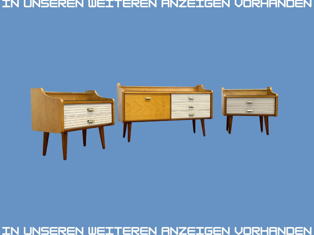 WMK I Stilvolles helles Mid-Century Lowboard mit Schubladen, Glasablage und Messinggriffen I