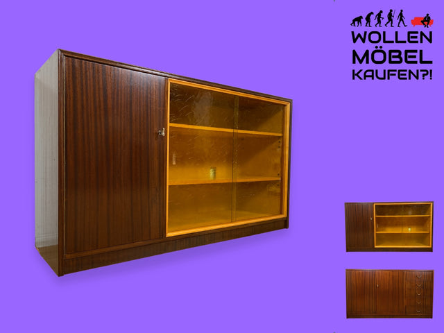 WMK I Hochwertige dunkle Mid-Century Vitrine mit original Ornamentglas I Schank Vitrinenschrank Bücherschrank Kommode Anrichte Glasvitrine Bauhaus Vintage 50er 60er Berlin Leipzig Augsburg Heidelberg