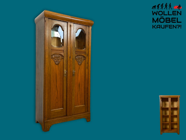 WMK I Hochwertiger antiker Schrank aus handverziertem Eichenholz mit Glastüren I Wäscheschrank Kleiderschrank Vitrine Bücherschrank Flurschrank Vertiko Jugendstil Vintage I