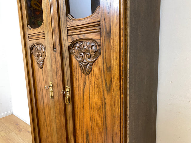 WMK I Hochwertiger antiker Schrank aus handverziertem Eichenholz mit Glastüren I Wäscheschrank Kleiderschrank Vitrine Bücherschrank Flurschrank Vertiko Jugendstil Vintage I