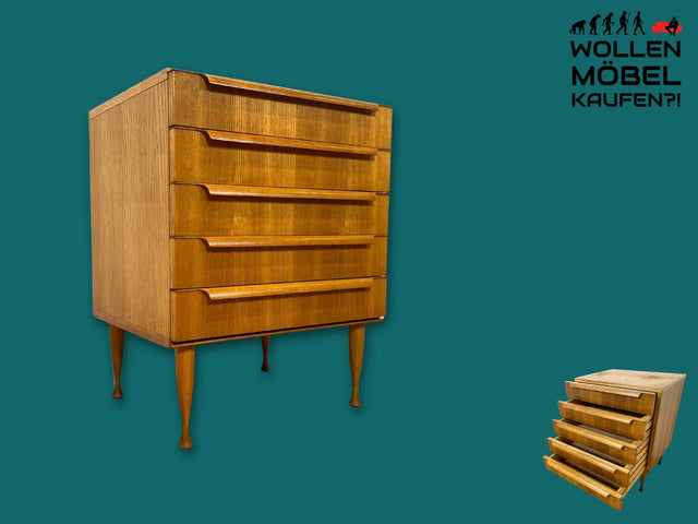 Stilvolle kleine helle Mid-Century Kommode in Esche mit Schubladen & formschönen Holzgriffen I Schubladenkommode Schrank Wäschekommode Ablage Sideboard Retro Vintage 60er I