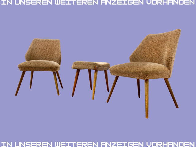 WMK I Versand I Formschöner und bequemer Mid-Century Hocker mit braunem Originalbezug und konischen Füßen