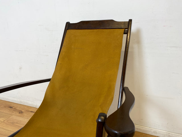 WMK I Eleganter & hochwertiger dunkler Mid-Century Klappsessel mit Stoff in Senf Gelb