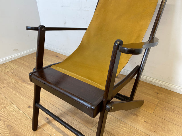 WMK I Eleganter & hochwertiger dunkler Mid-Century Klappsessel mit Stoff in Senf Gelb