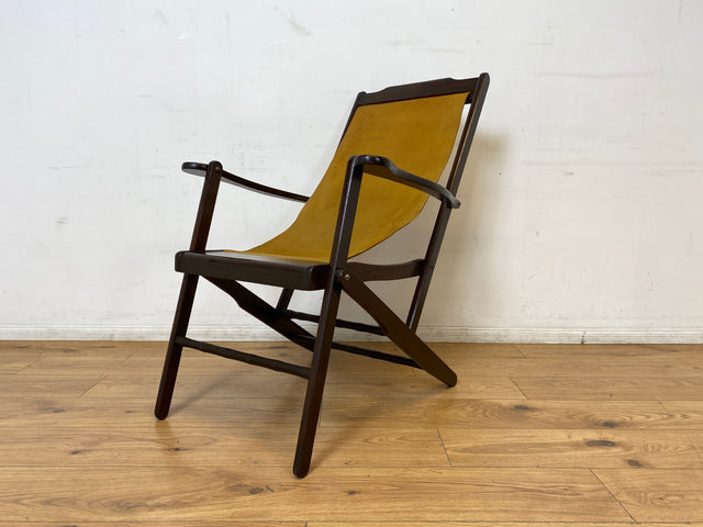 WMK I Eleganter & hochwertiger dunkler Mid-Century Klappsessel mit Stoff in Senf Gelb