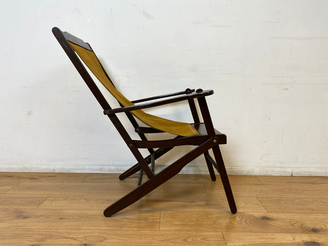 WMK I Eleganter & hochwertiger dunkler Mid-Century Klappsessel mit Stoff in Senf Gelb