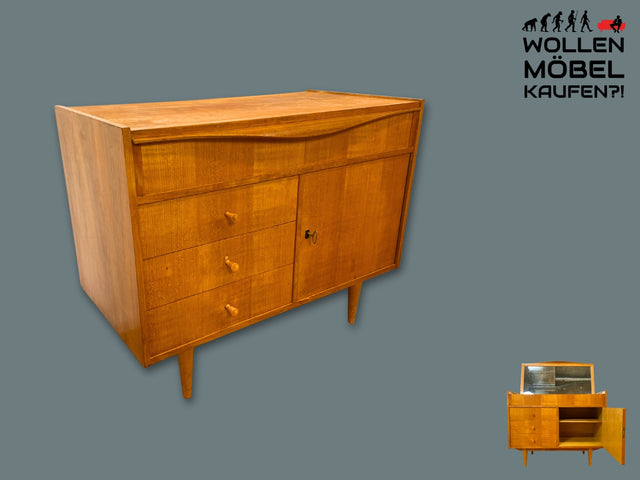 WMK I Besondere Mid-Century Kommode mit aufklappbarem Spiegel und Schubladen I Sideboard Schrank Spiegelkommode Frisierkommode Schminkkommode Schminktisch 60er Vintage Retro I