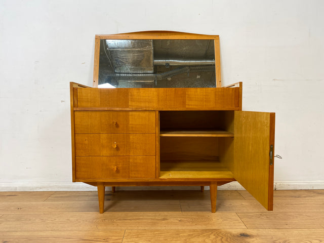 WMK I Besondere Mid-Century Kommode mit aufklappbarem Spiegel und Schubladen I Sideboard Schrank Spiegelkommode Frisierkommode Schminkkommode Schminktisch 60er Vintage Retro I
