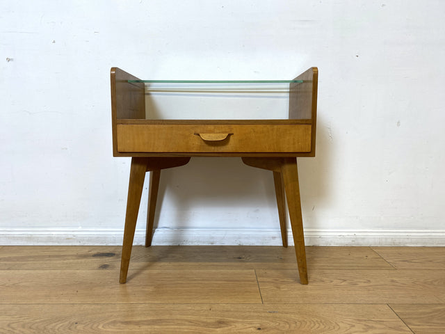 WMK I Formschöner und sehr gut erhaltener Mid-Century Nachttisch mit Schublade & Glas Ablage I Nachtkommode Nachtschrank Nachtschränkchen Kommode Beistelltisch 50er 60er Vintage I Berlin Köln Bremen