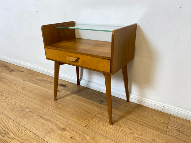 WMK I Formschöner und sehr gut erhaltener Mid-Century Nachttisch mit Schublade & Glas Ablage I Nachtkommode Nachtschrank Nachtschränkchen Kommode Beistelltisch 50er 60er Vintage I Berlin Köln Bremen