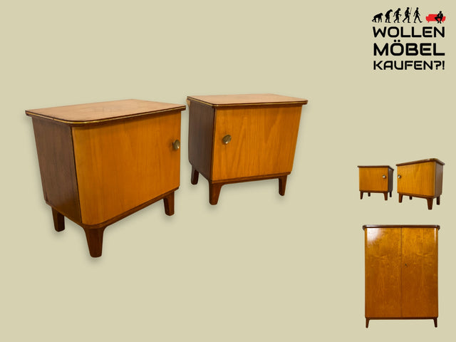 WMK I 1/2 Formschöner Mid-Century Nachttisch aus vollem Holz mit Schubladen & Messinggriff I Nachtkommode Nachtschrank Nachtschränkchen Night Stand Kommode 50er 60er Vintage I Berlin Hannover Dresden