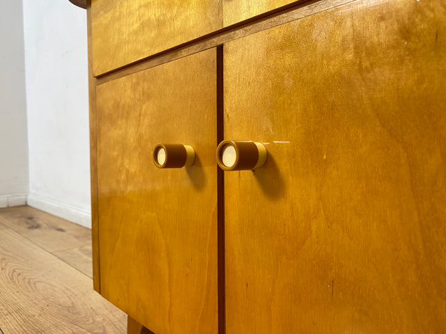 WMK I 1/2 Stilvoller Mid-Century Nachttisch mit Schubladen, Glasauflage und Originalgriffen