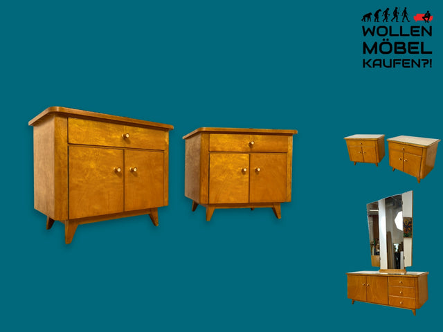 WMK I 1/2 Stilvoller Mid-Century Nachttisch mit Schubladen, Glasauflage und Originalgriffen I Nachtkommode Nachtschrank Nachtschränkchen Night Stand Kommode 50er 60er Vintage I Berlin München Hamburg