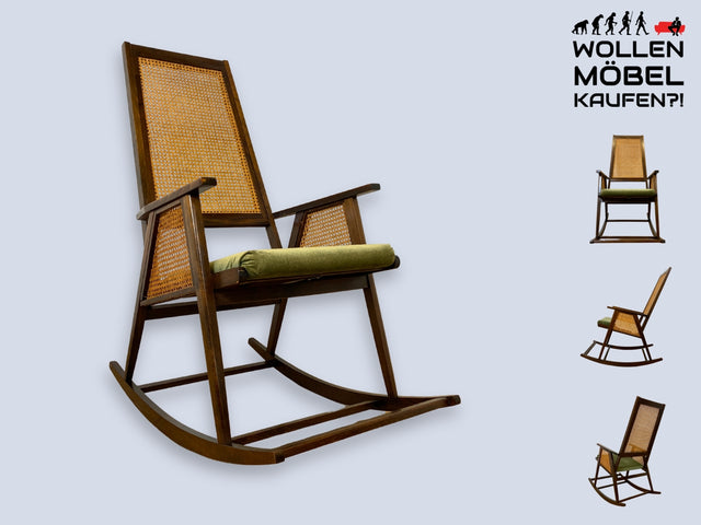 WMK I Stilvoller und sehr gut erhaltener Mid-Century Schaukelstuhl mit Wiener Geflecht mit grünem Polster I Stuhl Sessel Lesesessel Rocking Chair Retro DDR Vintage 50er 60er I Berlin Frankfurt München