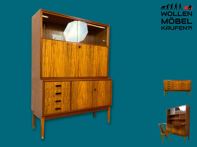 Stilvoller und gut erhaltener Mid-Century Schreibschrank mit Vitrine & Schubladen