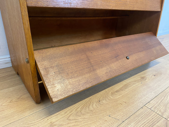 Minimalistische Mid-Century Schuhkommode aus vollem Holz in Eichen Furnier mit weißen Originalgriffen