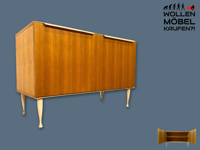 Stilvolles helles Mid-Century Sideboard aus 1966 in Esche mit formschönen weißen Holzgriffen I Kommode Wäschekommode Schrank Anrichte TV Lowboard Board 60er Retro Vintage I