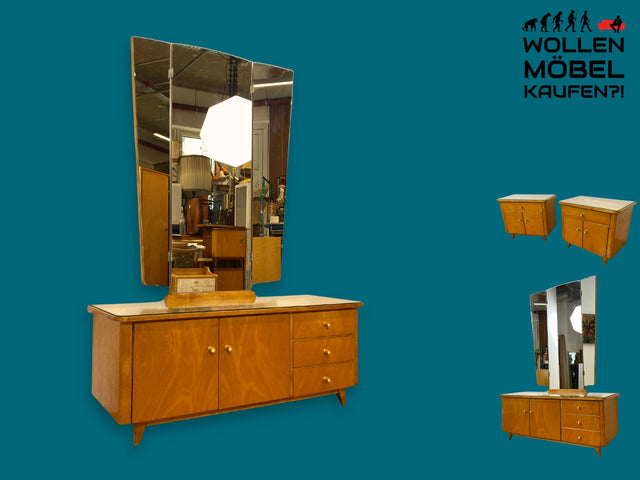 WMK I Stilvolle Mid-Century Spiegelkommode mit Klappbarem Spiegel & Schubladen I Frisierkommode Schminkkommode Kommode Sideboard Wäschekommode Schlafzimmer 50er 60er Vintage I Berlin Frankfurt Leipzig
