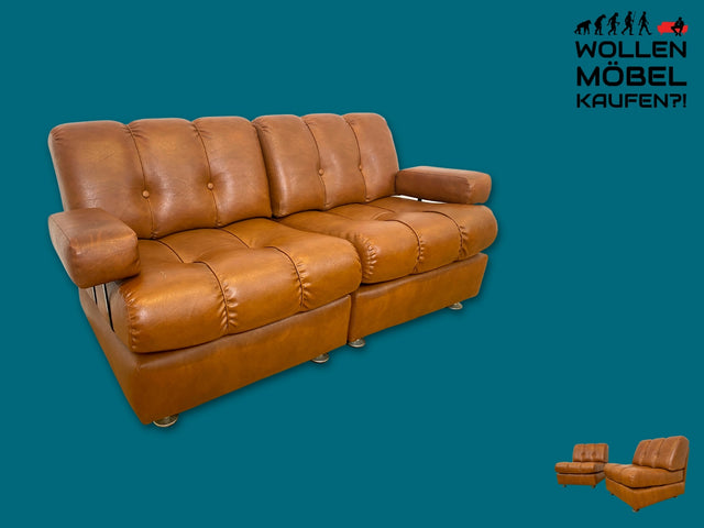 Formschönes und sehr gemütliches modulares 2er Sofa mit gestepptem Kunstleder Bezug I Couch Ledersofa Ledercouch 2-Sitzer Sessel Ledersessel Leder Vintage Retro 70er I