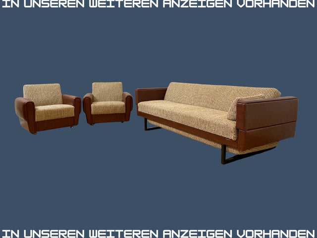 Besonderes 2-fach ausklappbares Retro Sofa mit beigem Wollbezug und Kunstleder Verkleidung I Couch Schlafcouch Schlafsofa Klappsofa Sitzgarnitur Mid-Century 60er 70er I