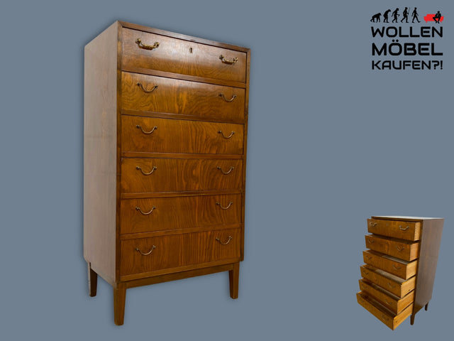 WMK I Hochwertige skandinavische Mid-Century Kommode aus vollem Holz mit 6 Schubladen & Messinggriffen