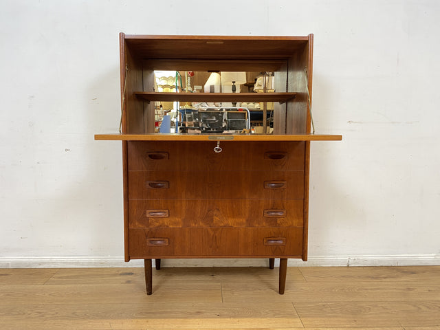 WMK I Eleganter skandinavischer Mid-Century Barschrank in Teakholz mit verspiegeltem Bar Fach I Barkommode Highboard Schrank Sekretär Kommode Schminkschrank Danish Design Vintage I