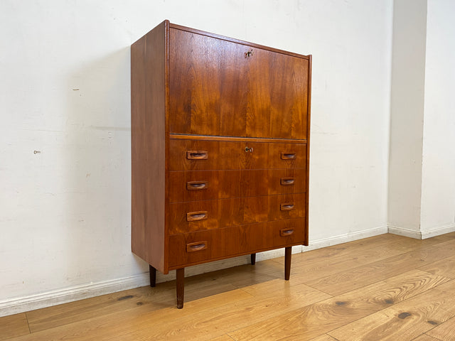 WMK I Eleganter skandinavischer Mid-Century Barschrank in Teakholz mit verspiegeltem Bar Fach I Barkommode Highboard Schrank Sekretär Kommode Schminkschrank Danish Design Vintage I
