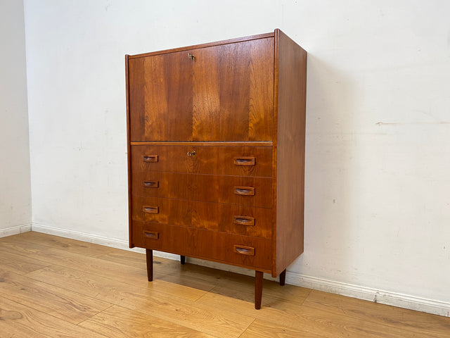 WMK I Eleganter skandinavischer Mid-Century Barschrank in Teakholz mit verspiegeltem Bar Fach I Barkommode Highboard Schrank Sekretär Kommode Schminkschrank Danish Design Vintage I