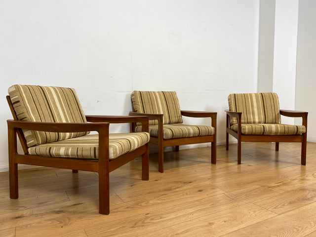 WMK I 1/3 Stilvoller skandinavischer Mid-Century Sessel von Komfort mit gestreiftem beigem Originalbezug & Teakholz Rahmen