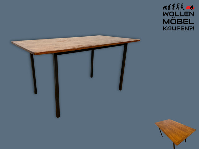 WMK I Einzigartiger Upcycling Esstisch aus einer skandinavischen Mid-Century Tischplatte in Teakholz auf neuerem Metallgestell I