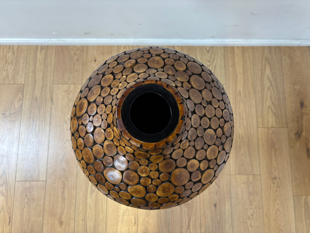 Einzigartige große Vintage Vase I in Handarbeit mit echten Holzscheiben verkleidetes Unikat