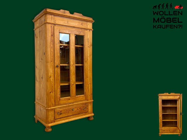 WMK I Eleganter antiker Schrank aus massivem Kiefernholz mit Glastüren & Schublade I Wäscheschrank Kleiderschrank Vitrinenschrank Vitrine Bauernschrank Vertiko Gründerzeit I