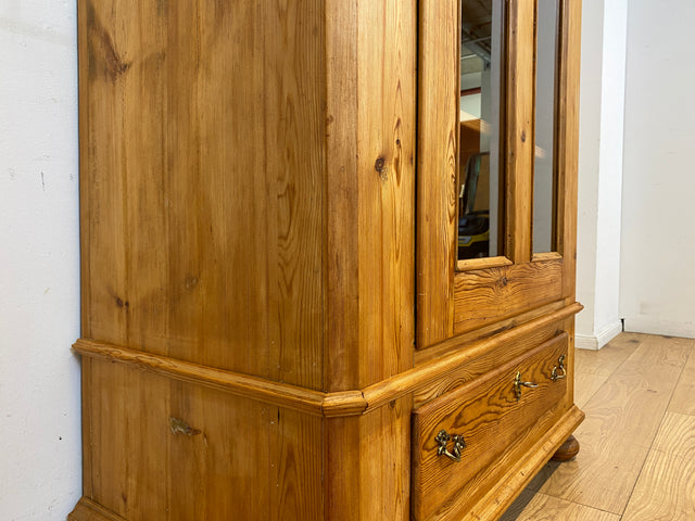 WMK I Eleganter antiker Schrank aus massivem Kiefernholz mit Glastüren & Schublade I Wäscheschrank Kleiderschrank Vitrinenschrank Vitrine Bauernschrank Vertiko Gründerzeit I