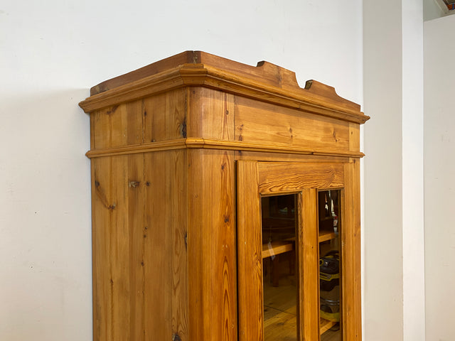 WMK I Eleganter antiker Schrank aus massivem Kiefernholz mit Glastüren & Schublade I Wäscheschrank Kleiderschrank Vitrinenschrank Vitrine Bauernschrank Vertiko Gründerzeit I