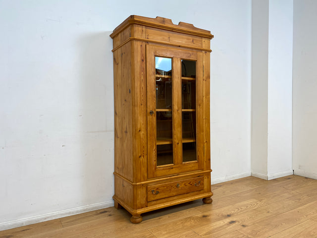 WMK I Eleganter antiker Schrank aus massivem Kiefernholz mit Glastüren & Schublade I Wäscheschrank Kleiderschrank Vitrinenschrank Vitrine Bauernschrank Vertiko Gründerzeit I