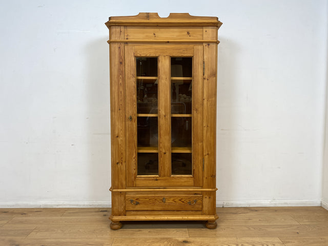 WMK I Eleganter antiker Schrank aus massivem Kiefernholz mit Glastüren & Schublade I Wäscheschrank Kleiderschrank Vitrinenschrank Vitrine Bauernschrank Vertiko Gründerzeit I