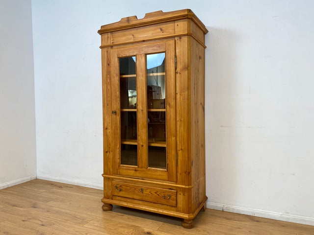 WMK I Eleganter antiker Schrank aus massivem Kiefernholz mit Glastüren & Schublade I Wäscheschrank Kleiderschrank Vitrinenschrank Vitrine Bauernschrank Vertiko Gründerzeit I