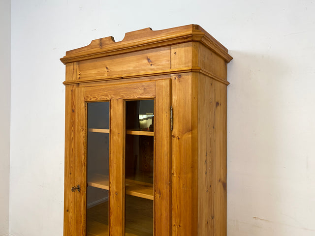 WMK I Eleganter antiker Schrank aus massivem Kiefernholz mit Glastüren & Schublade I Wäscheschrank Kleiderschrank Vitrinenschrank Vitrine Bauernschrank Vertiko Gründerzeit I
