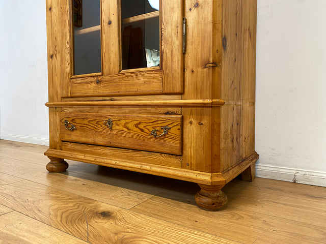 WMK I Eleganter antiker Schrank aus massivem Kiefernholz mit Glastüren & Schublade I Wäscheschrank Kleiderschrank Vitrinenschrank Vitrine Bauernschrank Vertiko Gründerzeit I