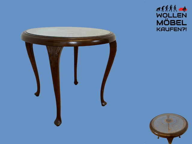 WMK I Sehr eleganter runder 50er Jahre Chippendale Couchtisch mit Wiener Sonnengeflecht I Wohnzimmertisch Glastisch Beistelltisch Coffee Table Geflecht Barock Mid-Century Vintage Berlin Bayern Halle
