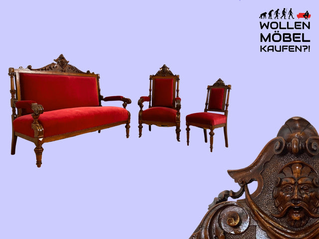 WMK I Vornehme handverzierte antike Sitzgarnitur aus Sofa , Sessel und Stuhl mit bordeaux rotem Samt Bezug I Salonmöbel Set Couch Armlehnstuhl Bank Sitzbank Gründerzeit Vintage I Berlin Dresden Bayern